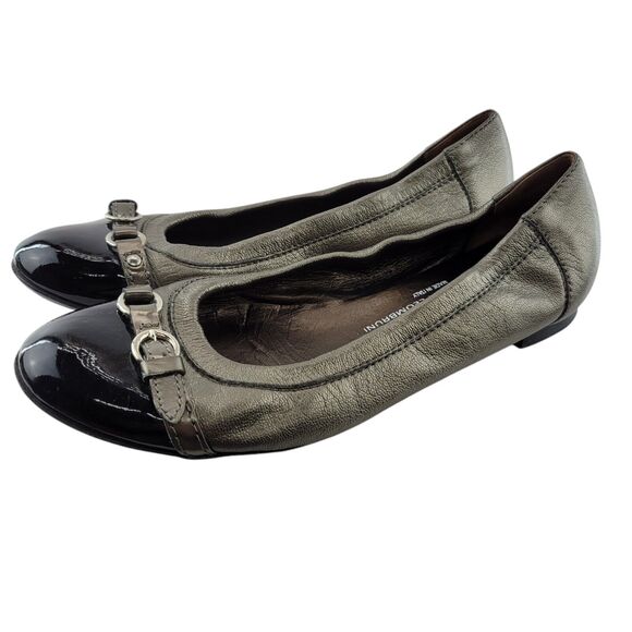 AGL Cap Toe Ballet Flats Womens 8 38 Gray Black Leather Patent Buckle Italy - Picture 7 of 13